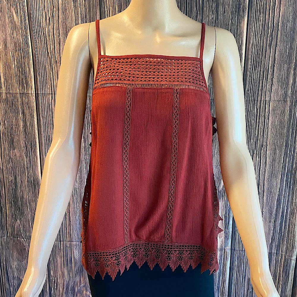 EARTHBOUND Rust Red Crochet Trim Spaghetti Strap Tank Top